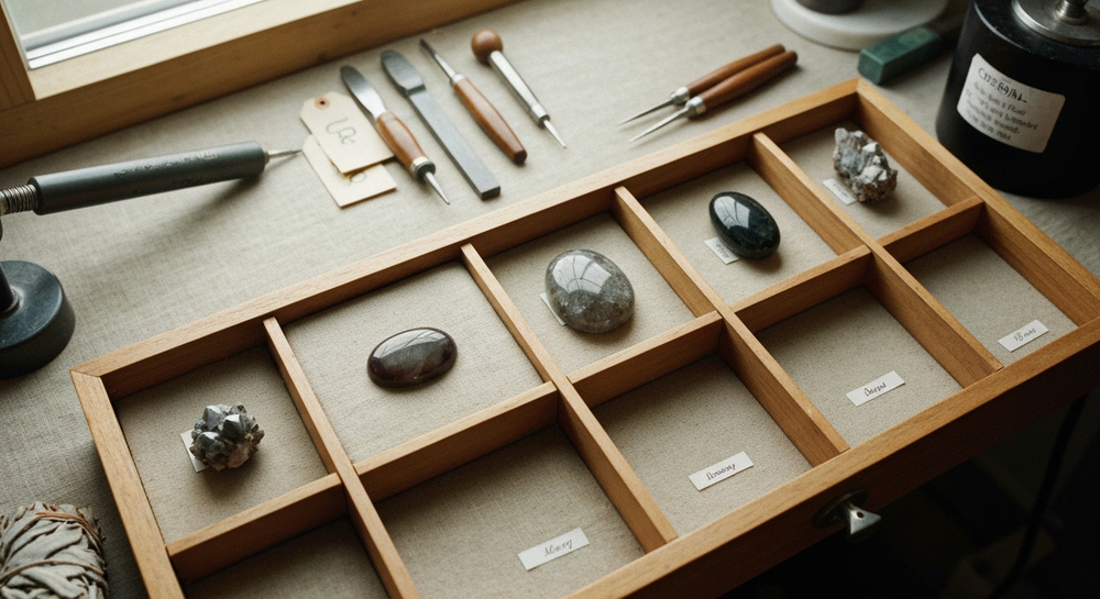 Displaying stones at home: light, base, label